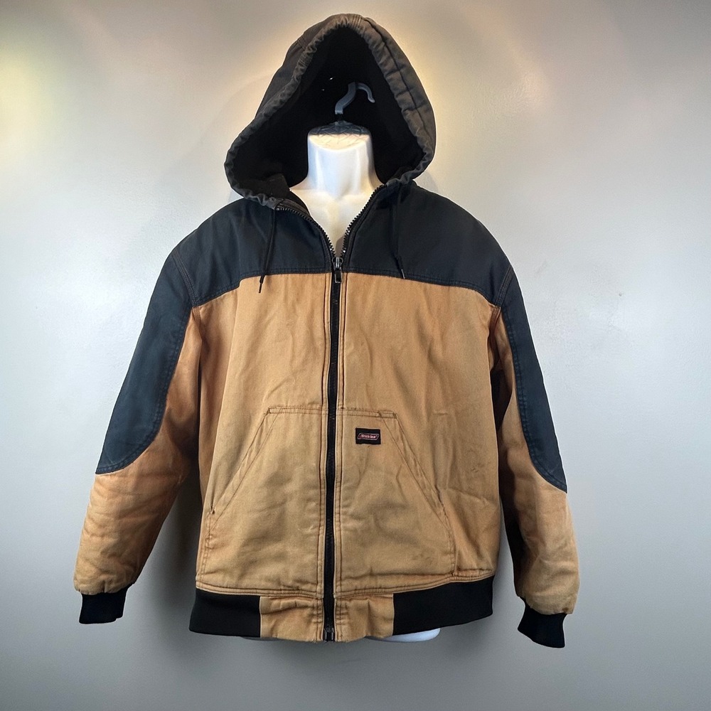 Vintage Dickies Hooded Work Jacket Tan Black Canvas Utility American Workwear